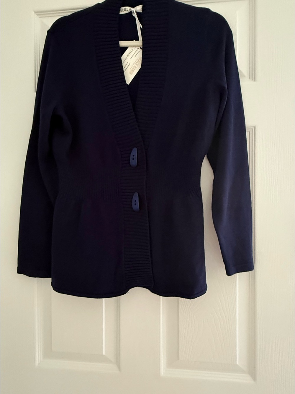 NWT Grace Karin Navy Peplum Cardigan Sweater Button Front Long Sleeve L - Picture 4 of 6